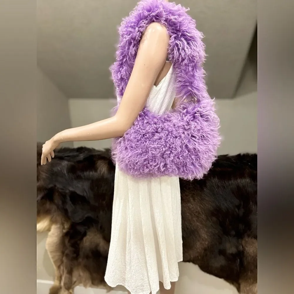 Handmade Lavender Real Curly Shearling Fashion Hobo Bag/Shoulder Bag/Crossbody